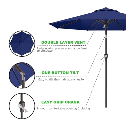 9 FT Navy Patio Umbrella for Outdoor Use with Push Button Tilt and Crank Mechanism, Ideal for Market, Garden, and Deck A