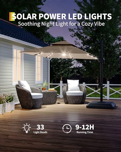 10' x 10' Heavy Duty Cantilever Patio Umbrella with Solar LED Lights & Weighted Base
10' x 10' Heavy Duty Cantilever Umb