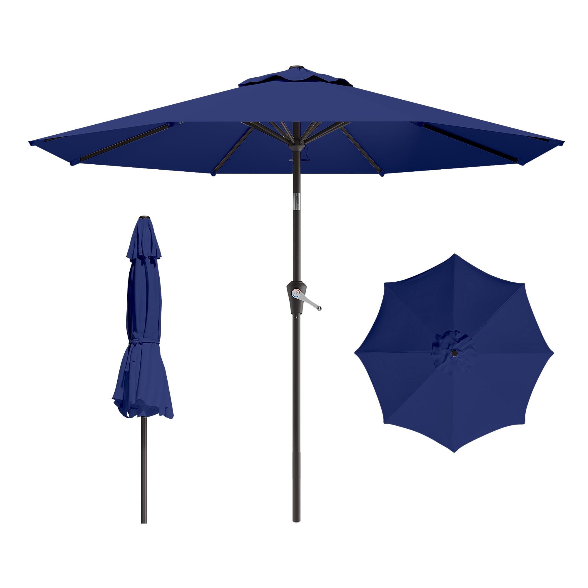 9 FT Navy Patio Umbrella for Outdoor Use with Push Button Tilt and Crank Mechanism, Ideal for Market, Garden, and Deck A