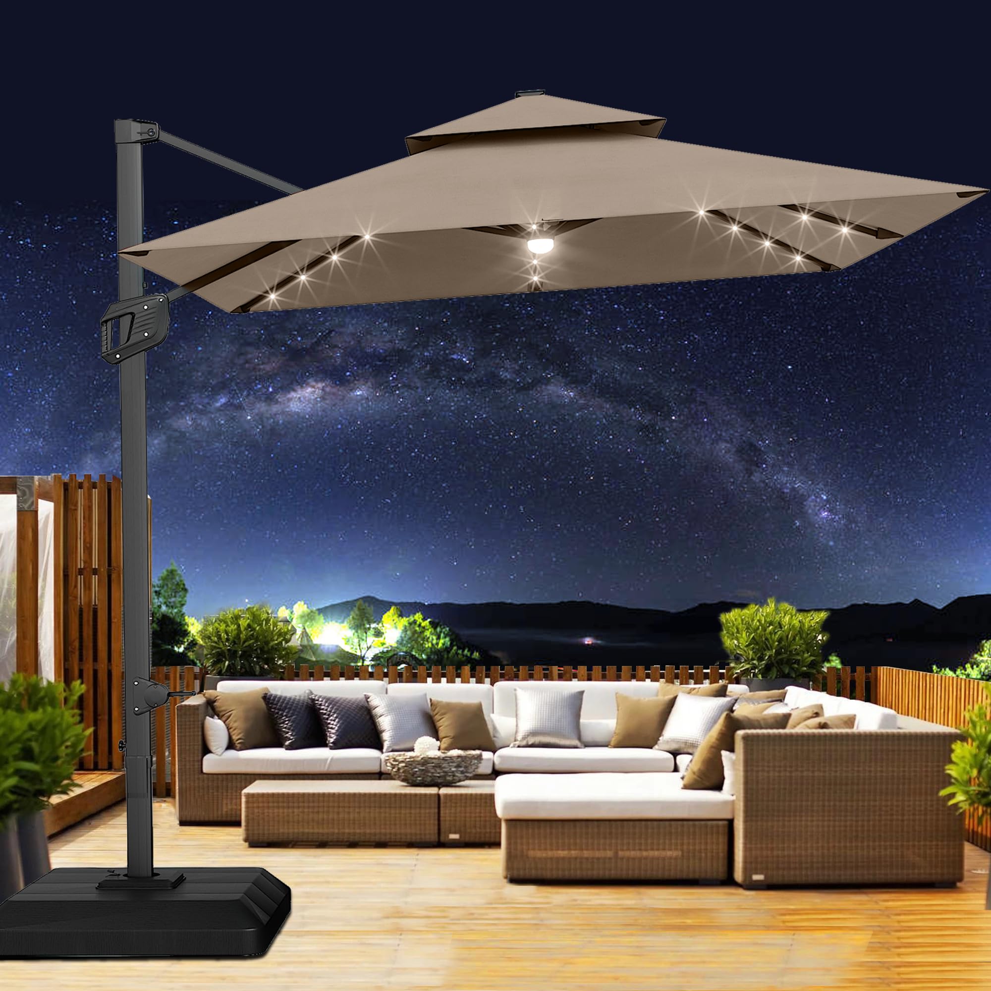 10' x 10' Heavy Duty Cantilever Patio Umbrella with Solar LED Lights & Weighted Base
10' x 10' Heavy Duty Cantilever Umb