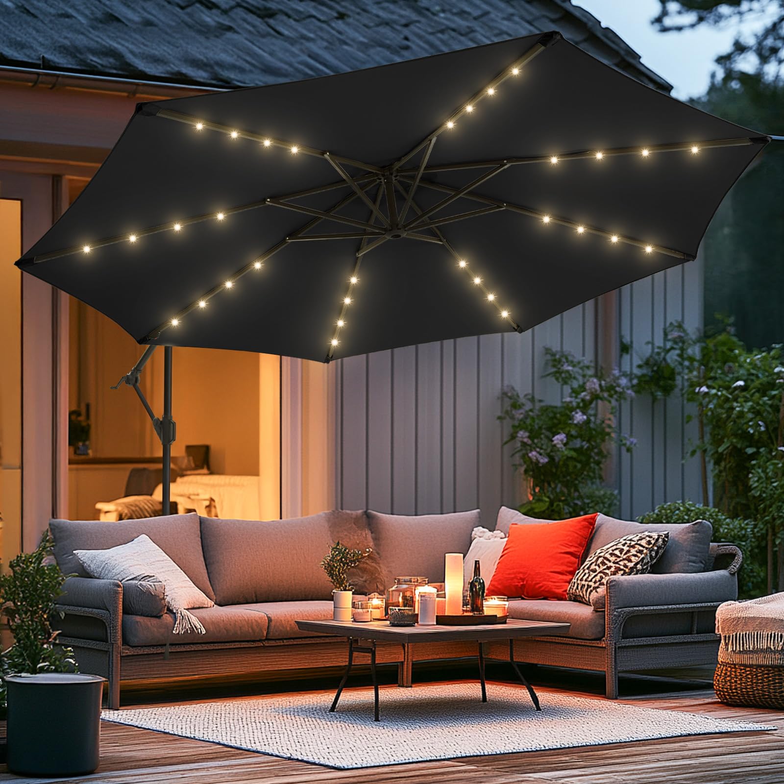 Wikiwiki 10ft Solar LED Offset Hanging Market Cantilever Patio Umbrella for Backyard & Poolside, Easy Tilt Adjustment, B