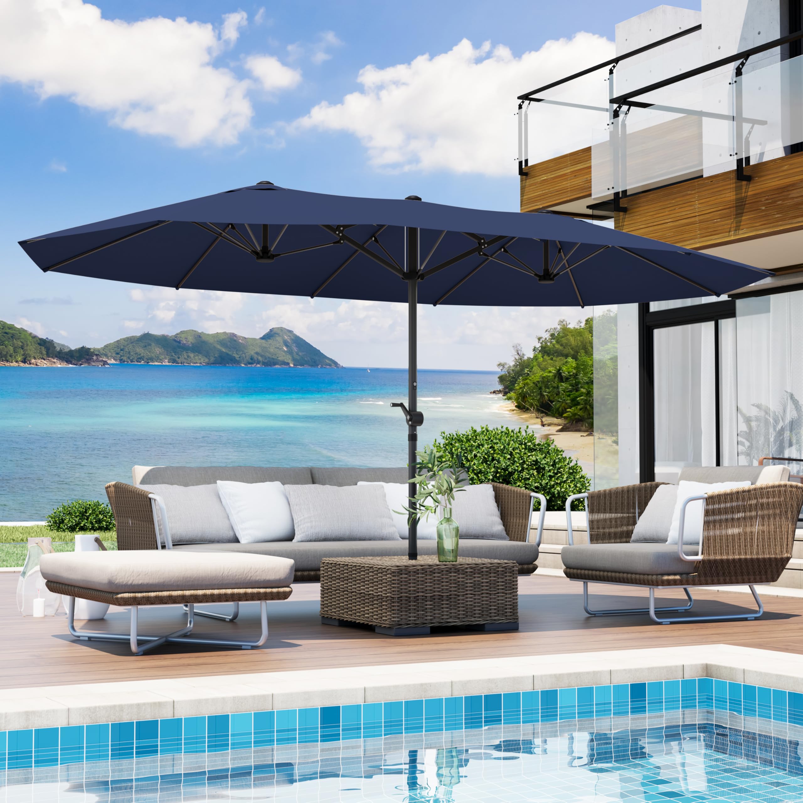  15FT Large Patio Umbrella for Outdoor Market and Patio, Crank Handle Double-Side Rectangular Navy Blue
| Double-Side Re